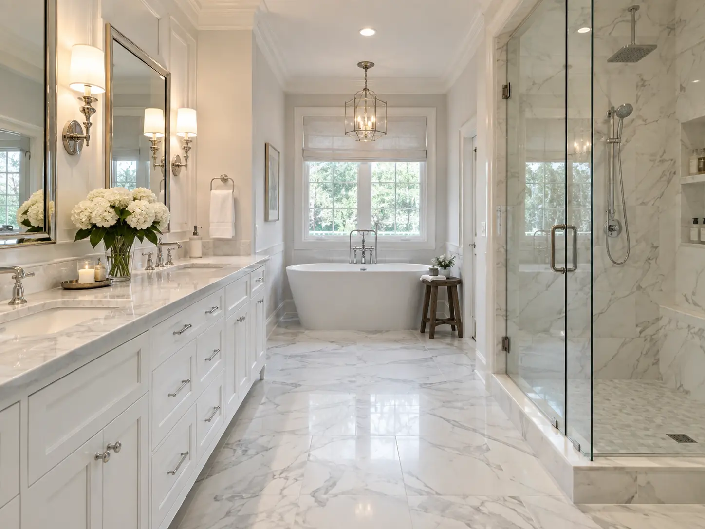 Finished luxury primary bathroom example with white marble flooring, long white double vanity, freestanding tub under a window, and a chrome-trim glass shower