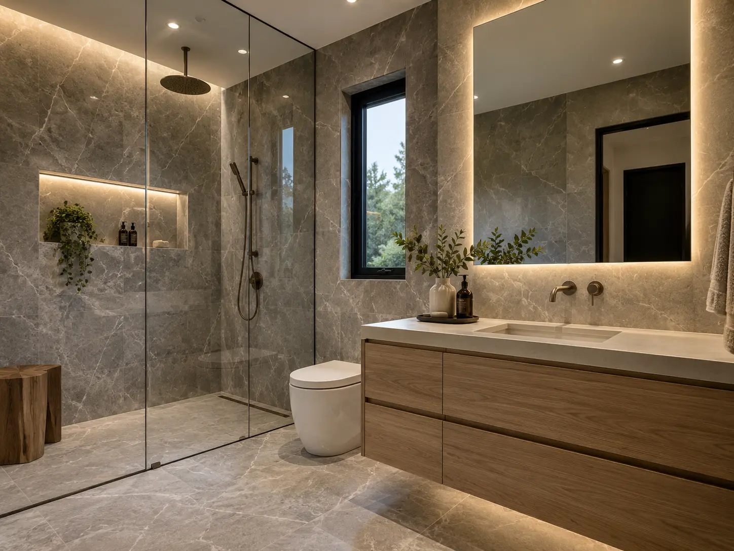 Finished contemporary bathroom example with large-format gray stone tile walls, backlit mirror, wall-hung oak vanity, and curbless glass shower