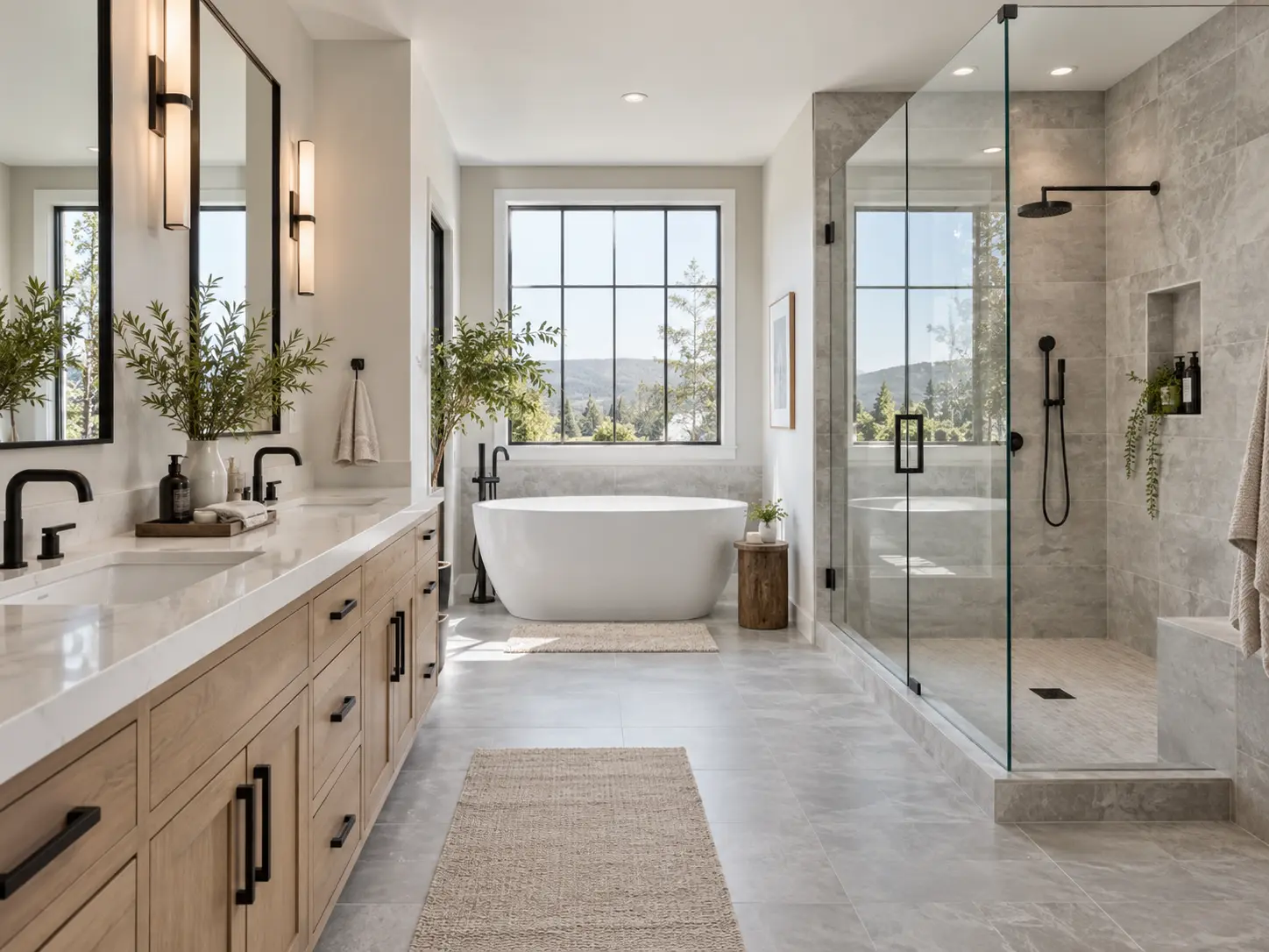 Finished transitional primary bathroom example with light oak double vanity, freestanding soaking tub, and a glass-enclosed walk-in shower with gray stone-look tile