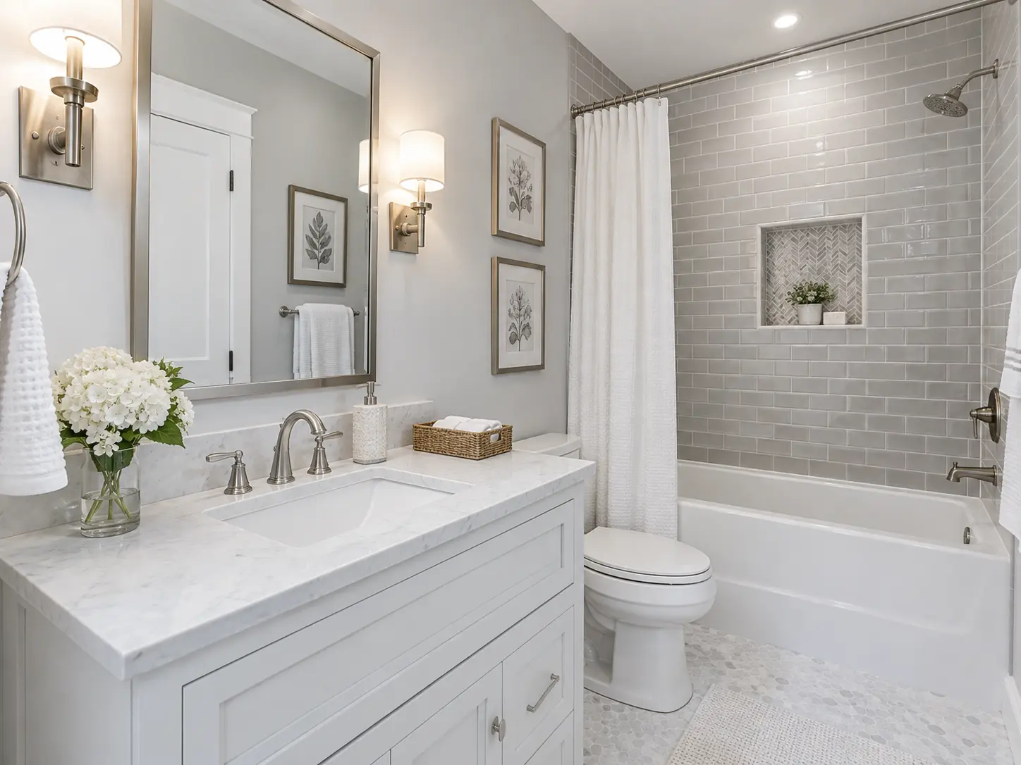 Finished guest bathroom example with gray subway tile tub and shower combination, recessed shampoo niche, white shaker vanity, and marble-look countertop