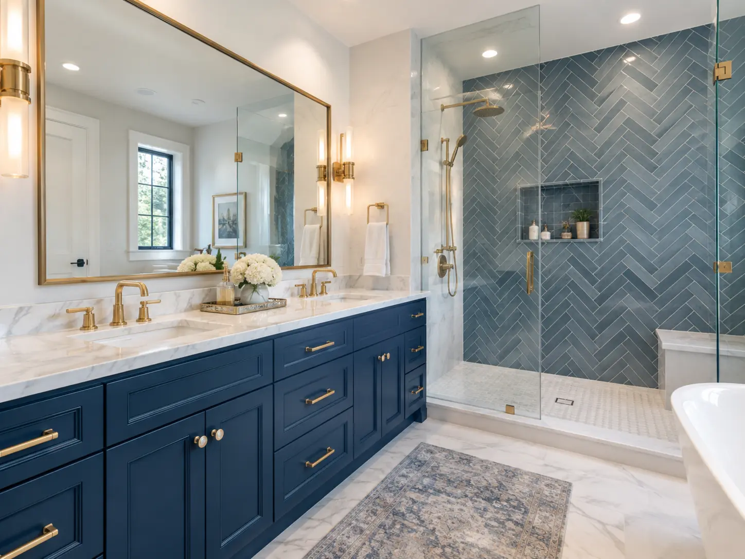 Finished bathroom example with navy double vanity, brass faucets and sconces, marble counters, and a blue herringbone tile walk-in shower