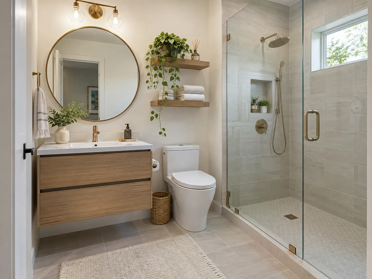 Finished small bathroom example with wall-mounted wood vanity, round brass-framed mirror, floating shelves, and a compact glass shower