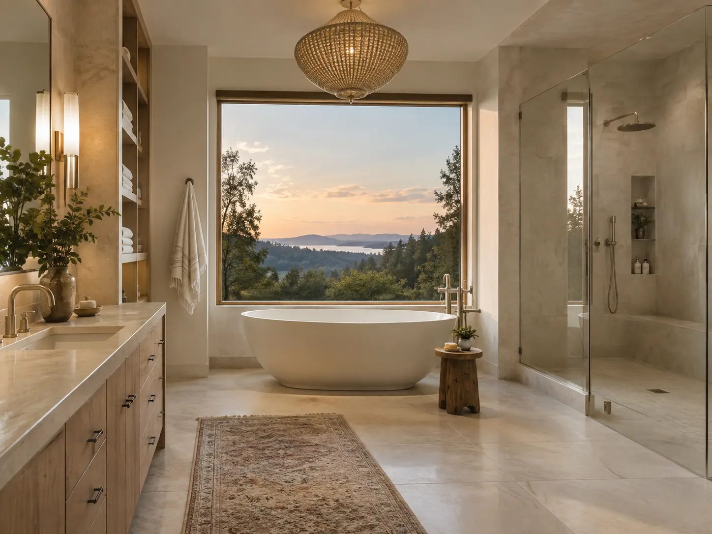 Finished warm neutral primary bathroom example with freestanding oval tub at a picture window, beaded chandelier, long wood vanity, and glass shower
