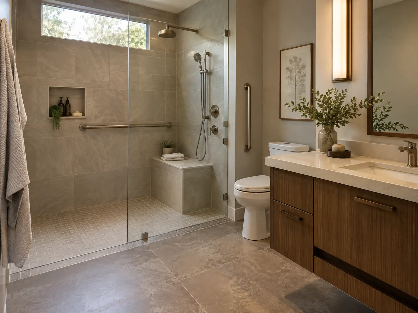 Finished accessible bathroom example with curbless roll-in shower, stainless grab bars, built-in shower bench, handheld sprayer, and comfort-height vanity